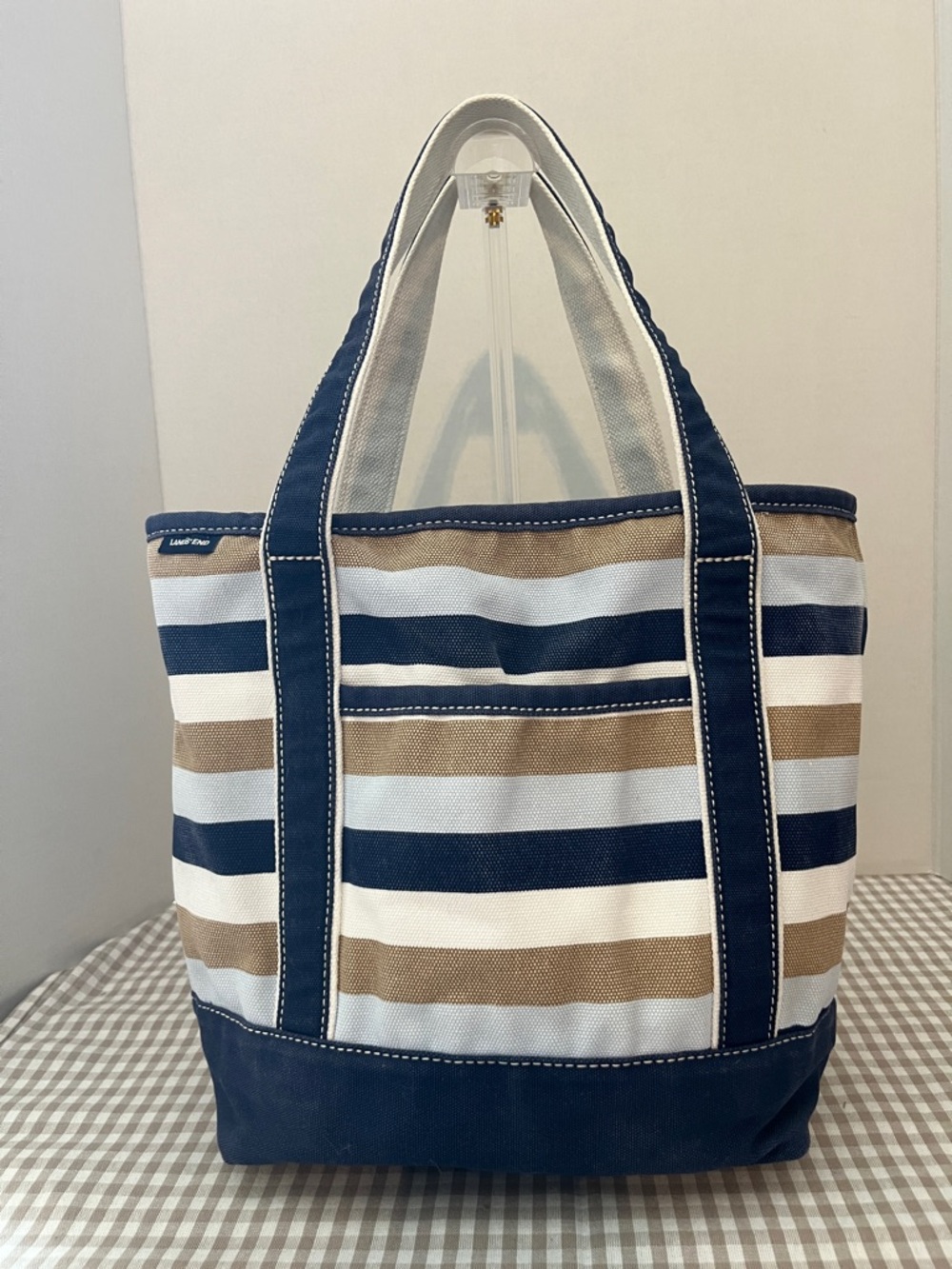 Lands End Striped Navy White And Tan Canvas Tote Bag With Zip Top